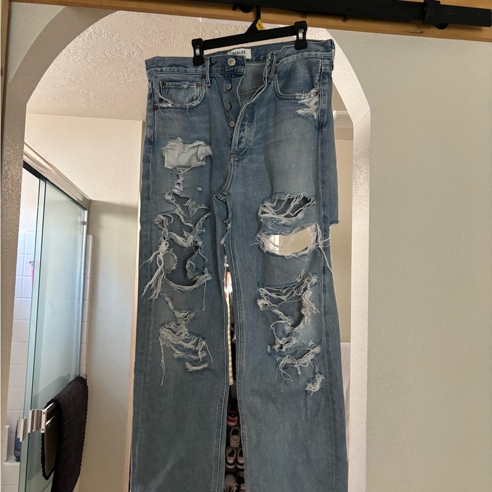 Agolde Light Blue Distressed Straight Jeans